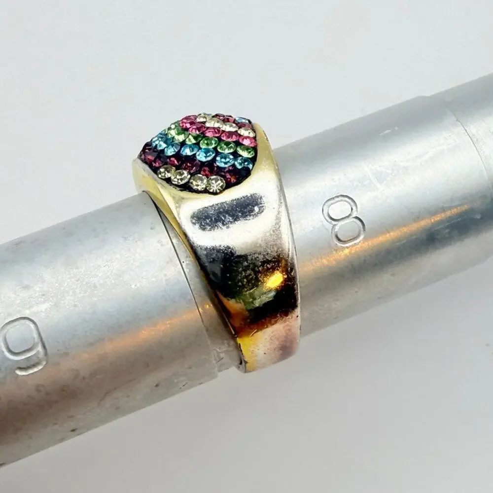 Vintage JCM Thailand Brass Rainbow Pave Crystal Statement Ring Size 8 Bold